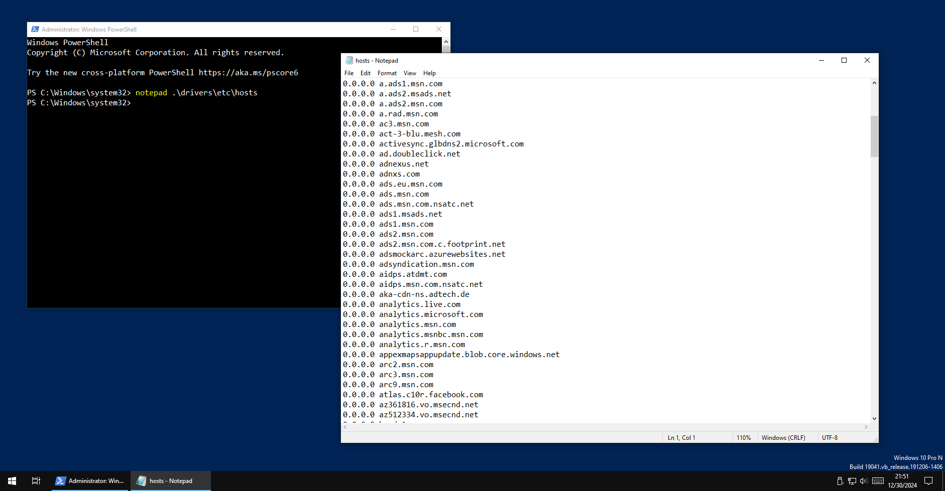 Blocking Microsoft Domains via the hosts file.